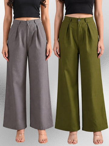 Grey & Mehndi-Cotton Wide Leg Pants Combo
