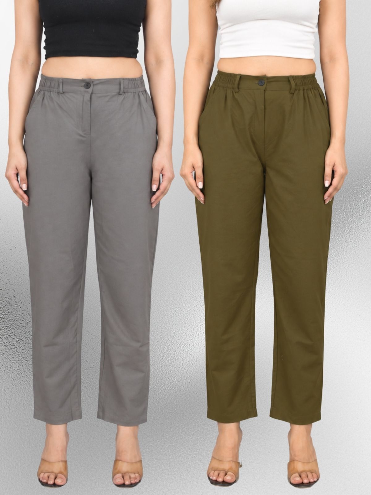 Grey & Mehndi Regular Fit Cotton Formal Trouser Combo