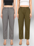 Grey & Mehndi Regular Fit Cotton Formal Trouser Combo