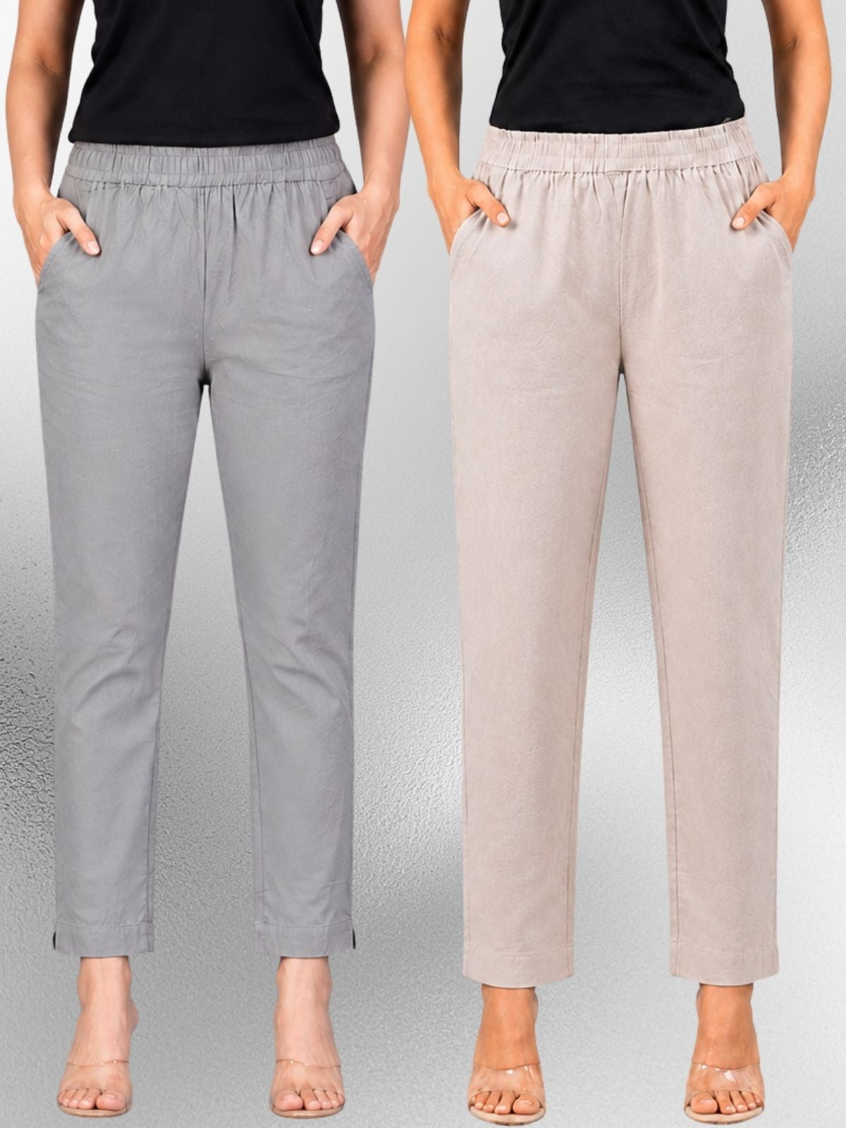 Grey & Melange Regular Fit Elastic Cotton Trouser Combo