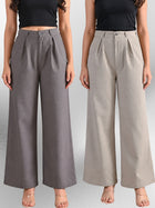 Grey & Melange-Cotton Wide Leg Pants Combo