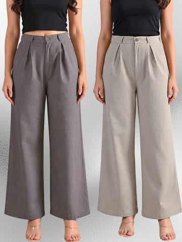 Grey & Melange-Cotton Wide Leg Pants Combo