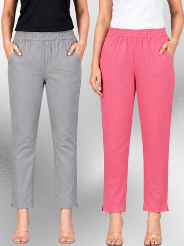 Grey & Mauvepink Regular Fit Elastic Cotton Trouser Combo