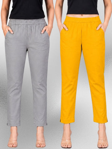 Grey & Mustard Regular Fit Elastic Cotton Trouser Combo