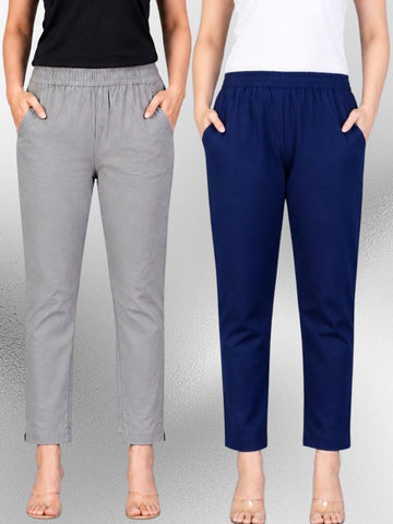 Grey & Navyblue Regular Fit Elastic Cotton Trouser Combo