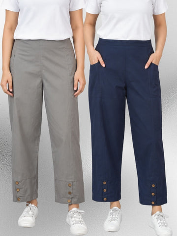 Grey & NavyBlue Cotton Straight Cargo Pant Combo