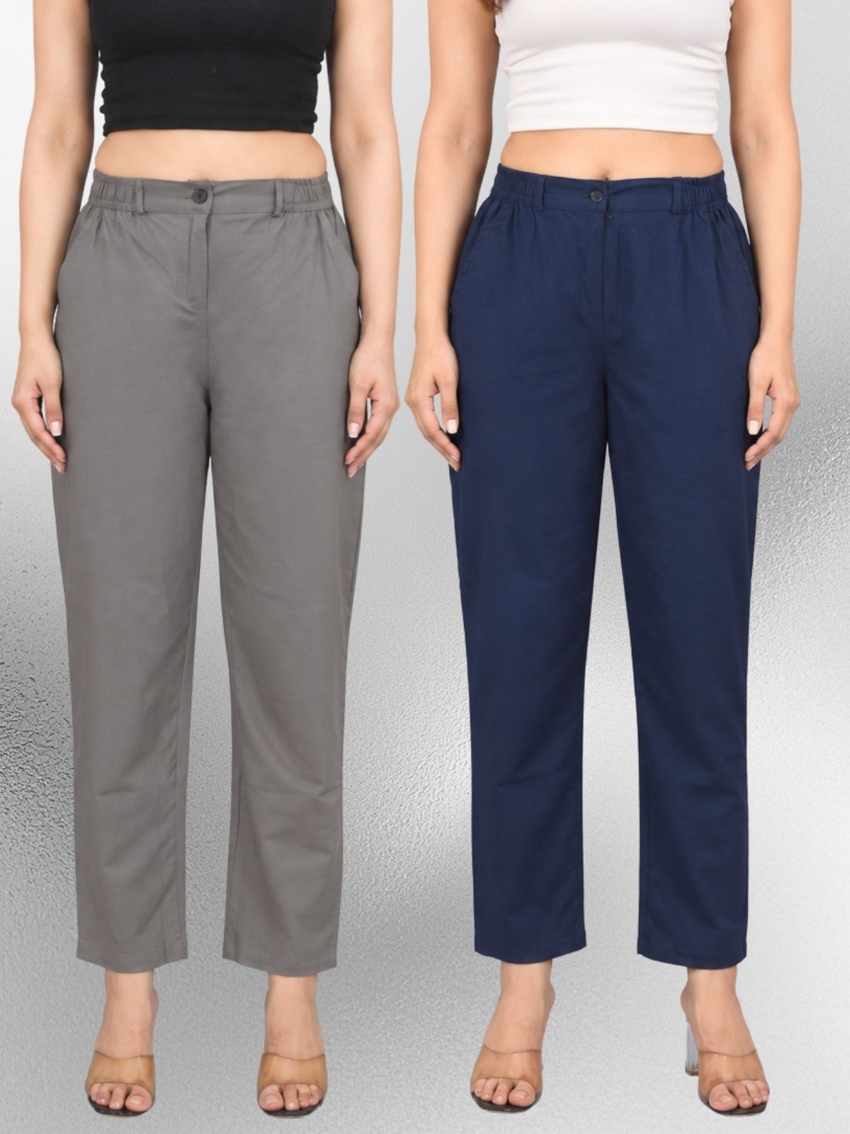 Grey & Navyblue-Regular Fit Cotton Formal Trouser Combo