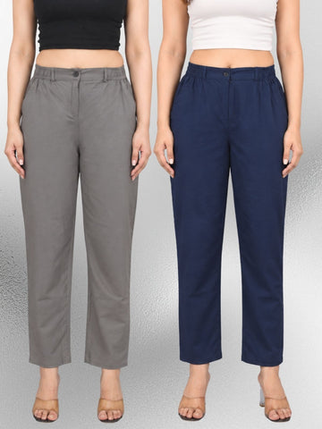 Grey & Navyblue-Regular Fit Cotton Formal Trouser Combo