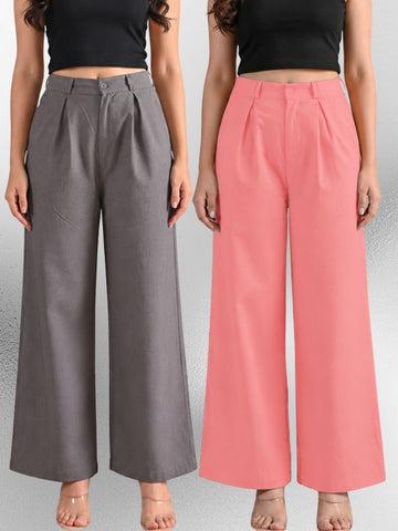 Grey & Pink-Cotton Wide Leg Pants Combo