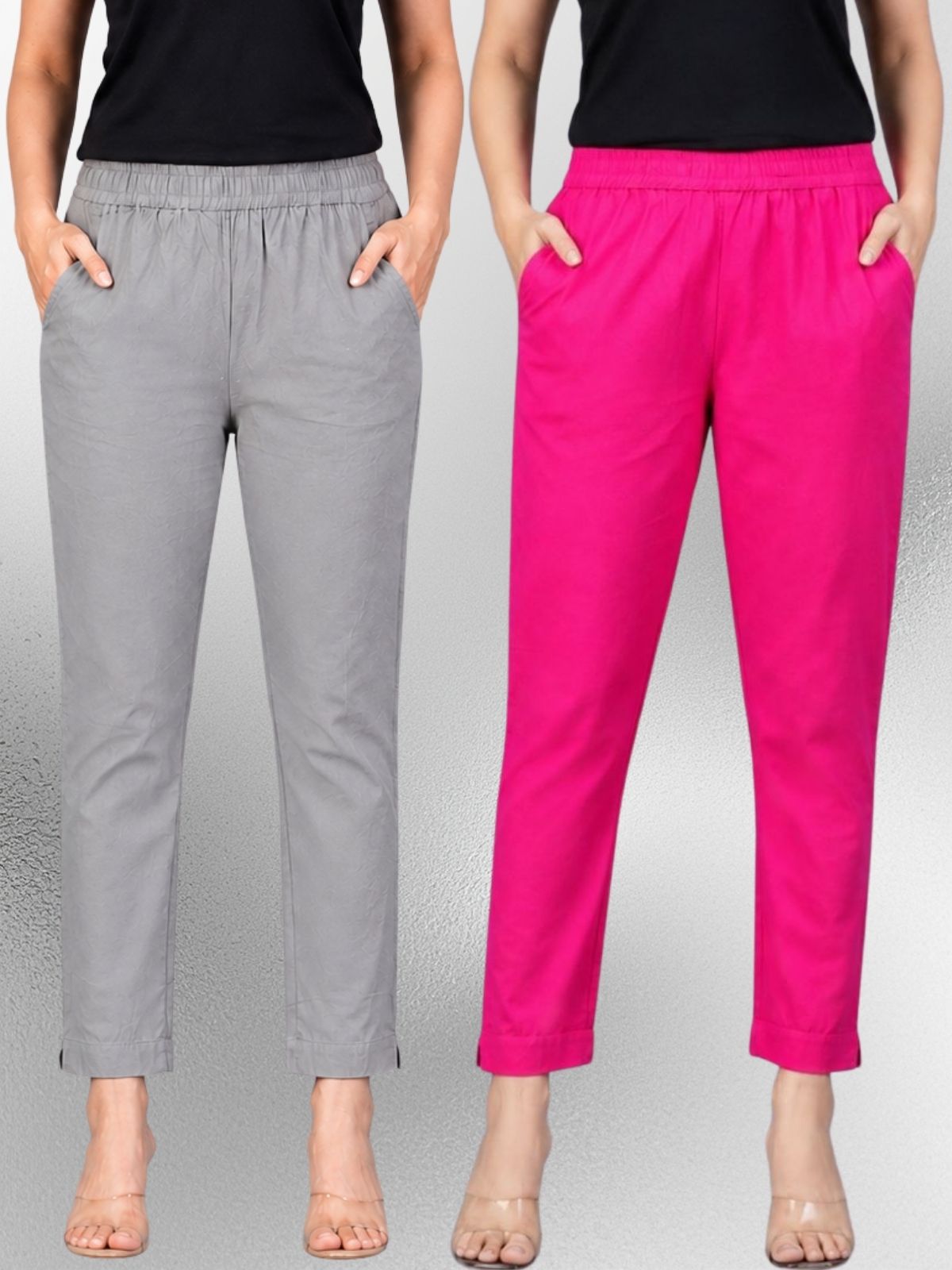 Grey & Rani Regular Fit Elastic Cotton Trouser Combo