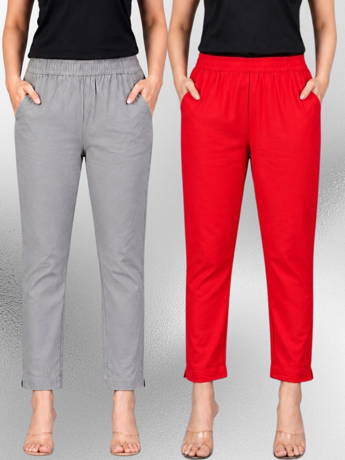 Grey & Red Regular Fit Elastic Cotton Trouser Combo