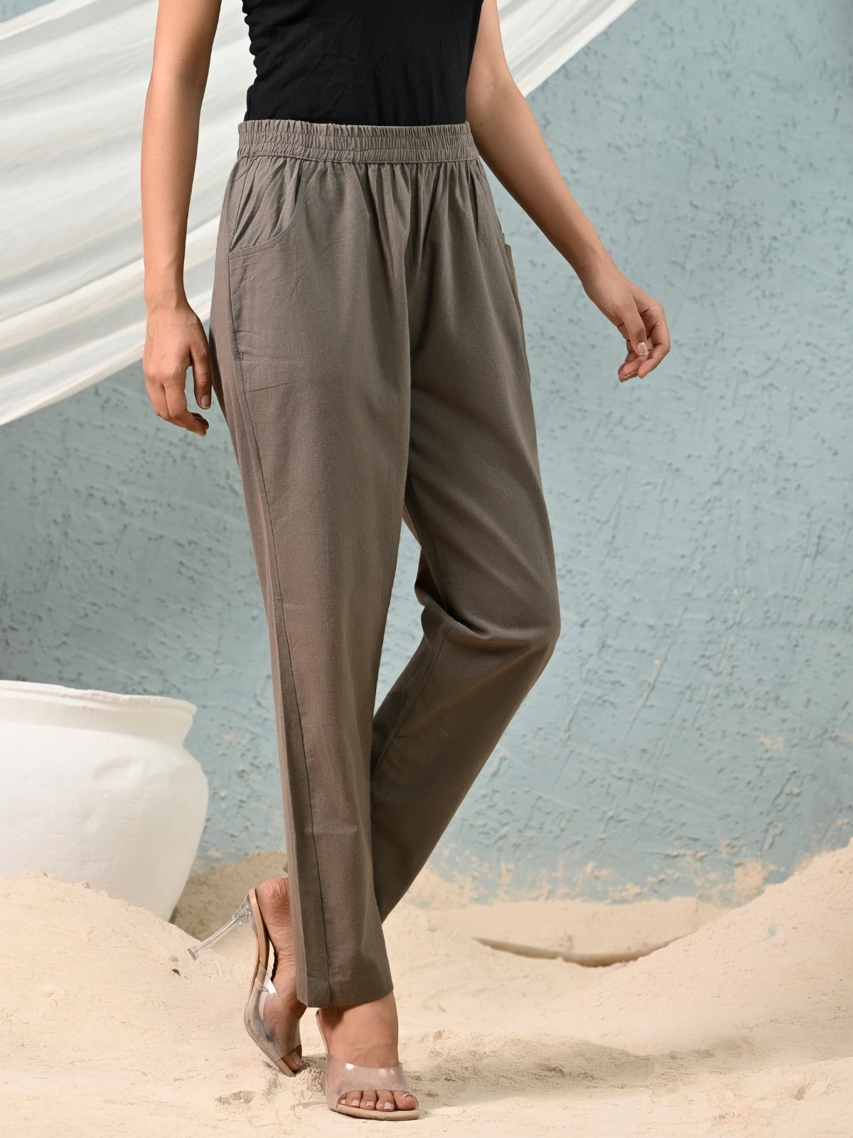 Grey Regular Fit Elastic Cotton Trouser
