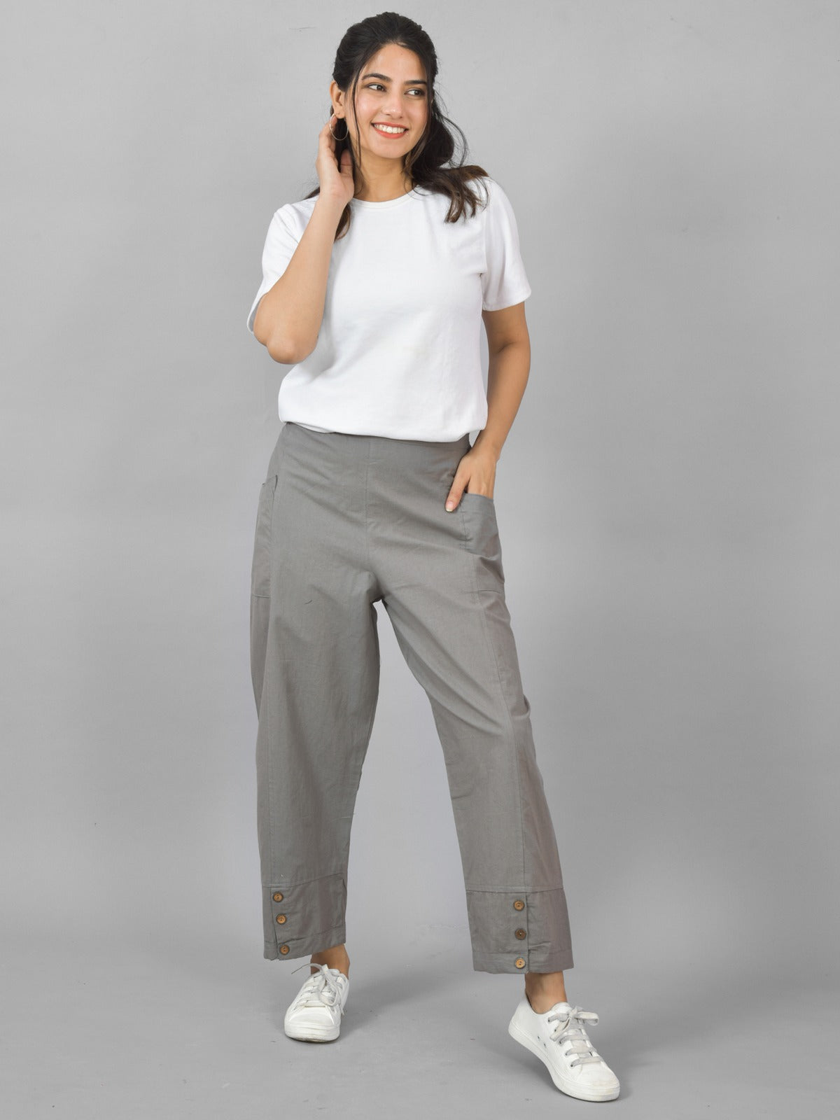 Grey Side Pocket Pure Cotton Straight Cargo Pant