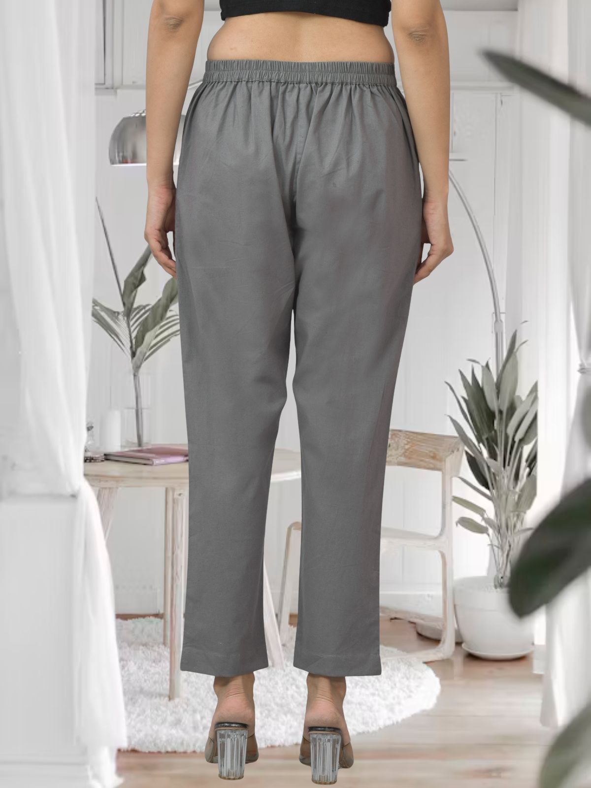 Grey Half Elastic Airy Linen Cotton Pants
