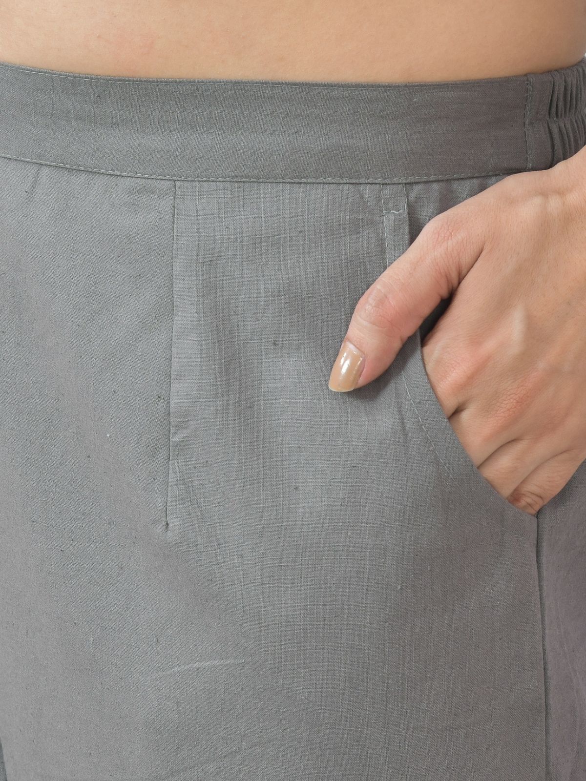 Grey Half Elastic Airy Linen Cotton Pants
