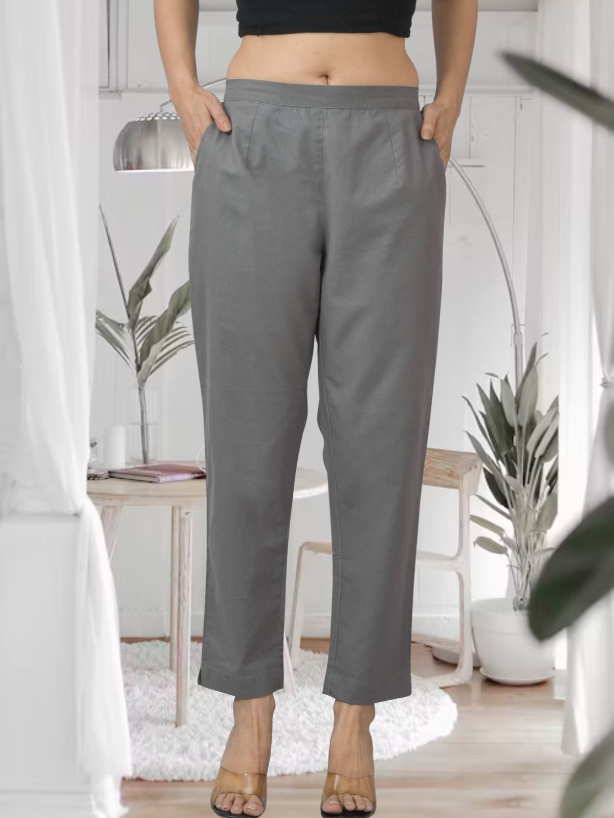 Grey Half Elastic Airy Linen Cotton Pants