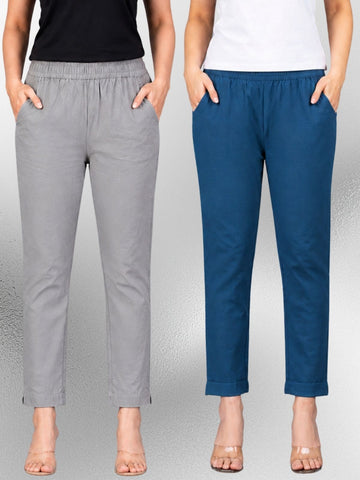 Grey & Tealblue Regular Fit Elastic Cotton Trouser Combo