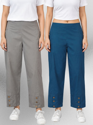 Grey & TealBlue Cotton Straight Cargo Pant Combo