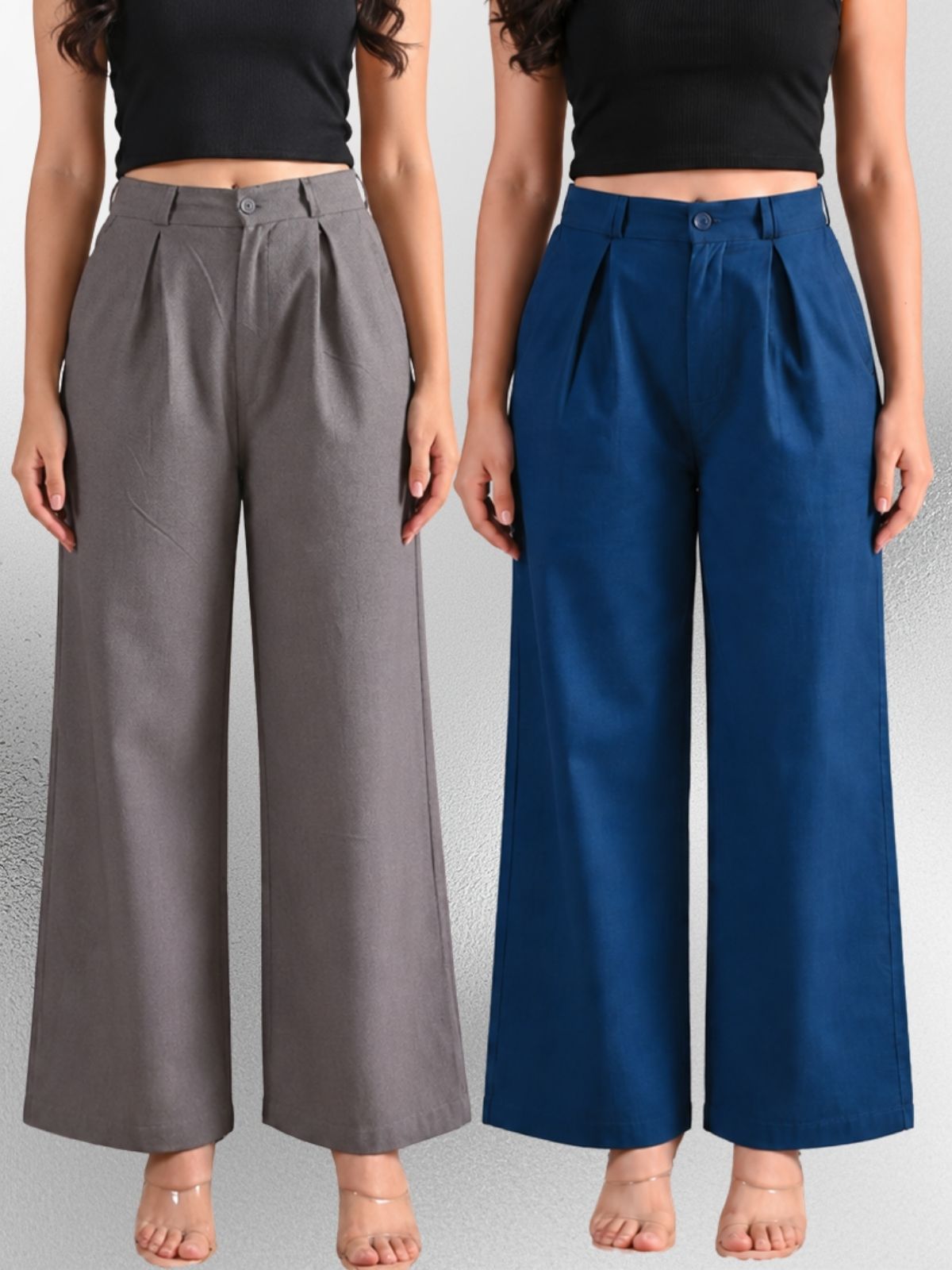 Grey & Tealblue-Cotton Wide Leg Pants Combo