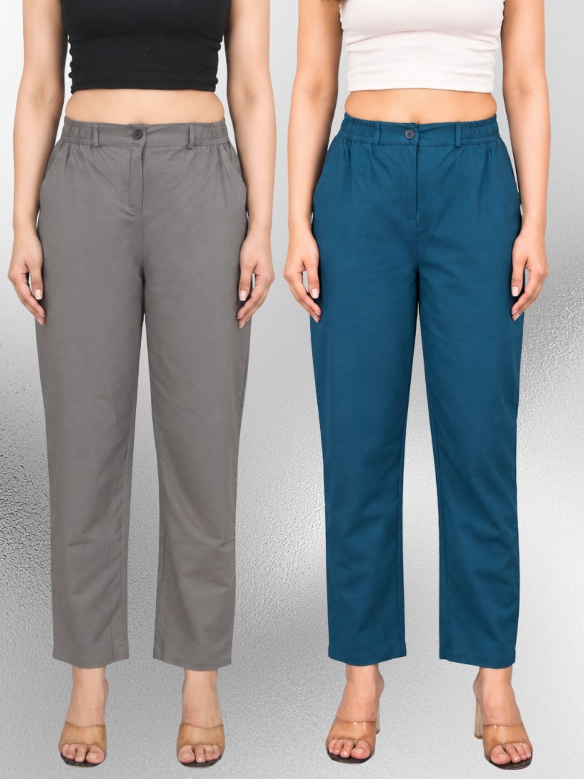 Grey & Tealblue-Regular Fit Cotton Formal Trouser Combo