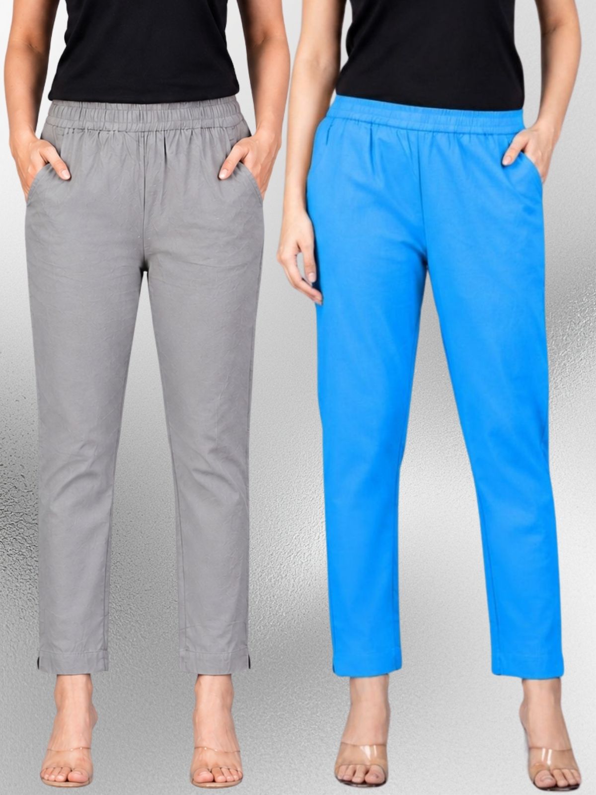 Grey & Turquoise Regular Fit Elastic Cotton Trouser Combo