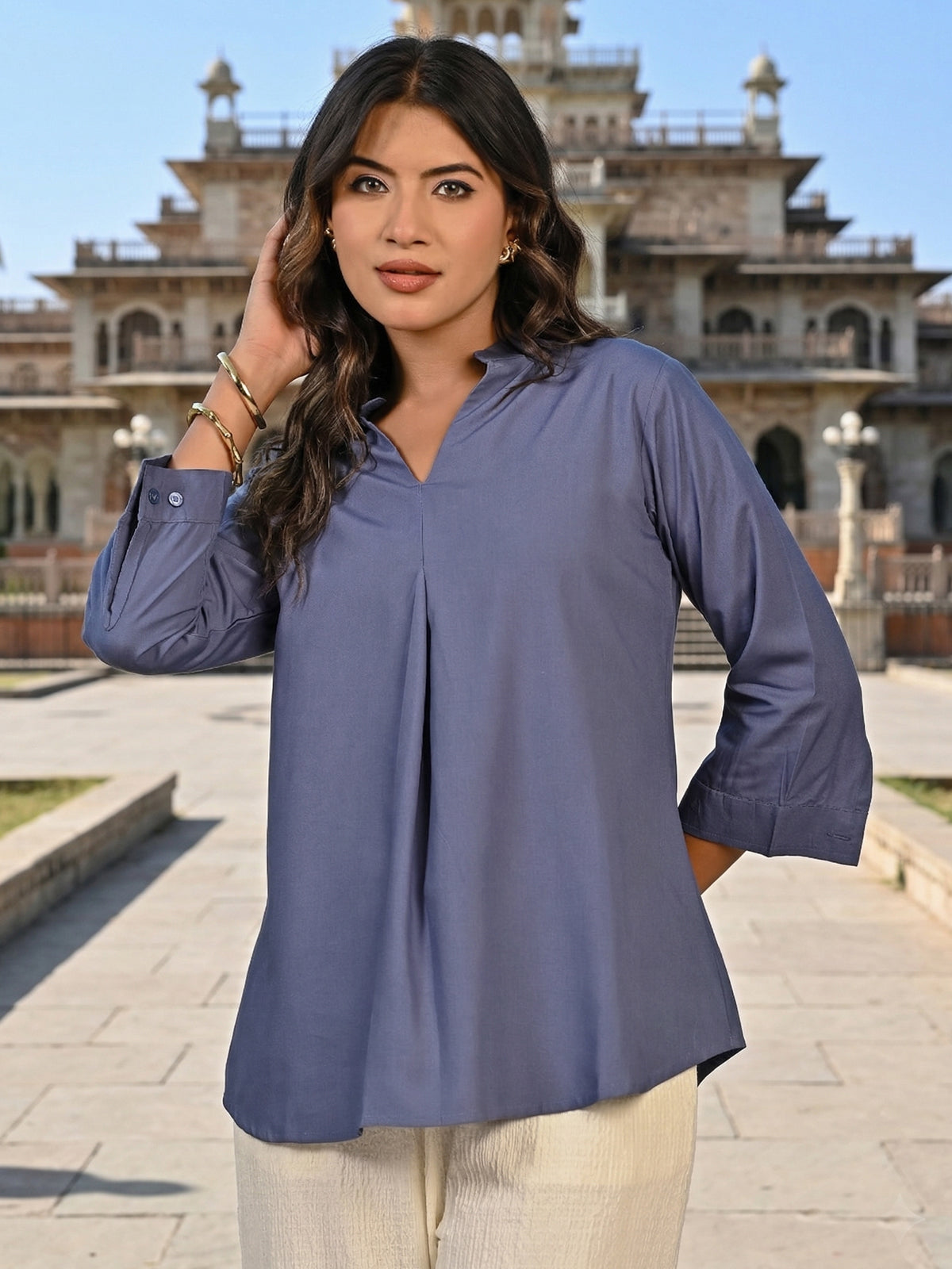 Grey Viscose Pleated Top