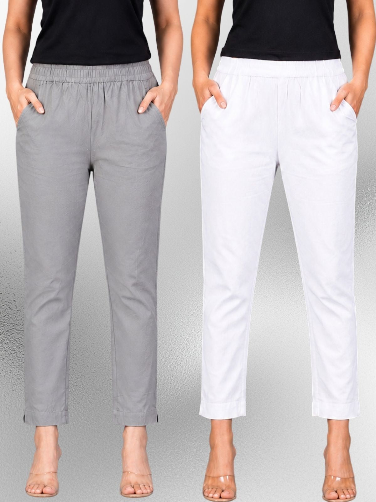 Grey & White Regular Fit Elastic Cotton Trouser Combo
