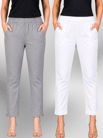 Grey & White Regular Fit Elastic Cotton Trouser Combo