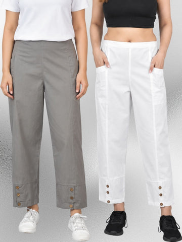 Grey & White Cotton Straight Cargo Pant Combo