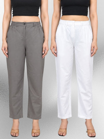 Grey & White-Regular Fit Cotton Formal Trouser Combo