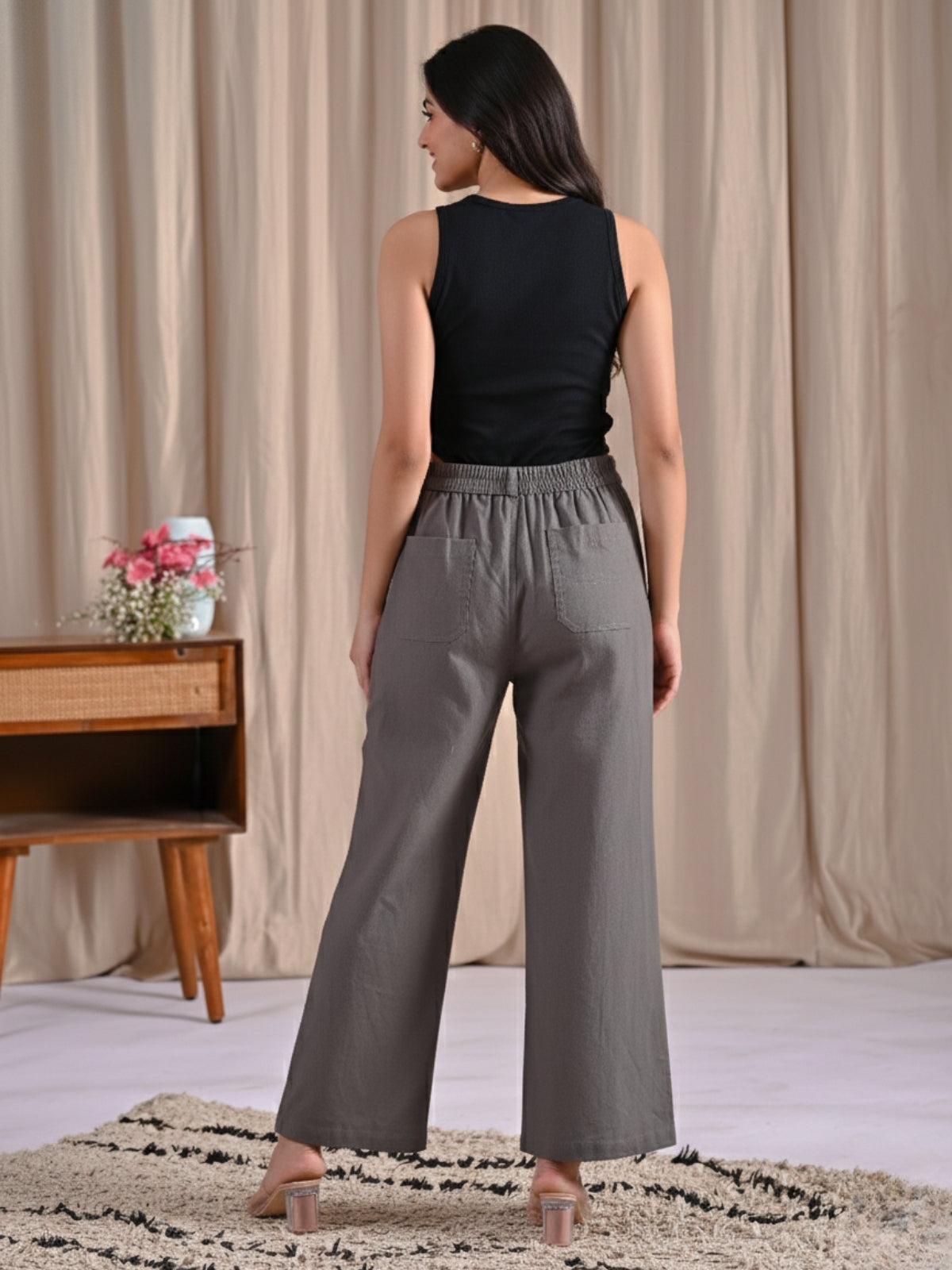 Grey Cotton Wide Leg Pants