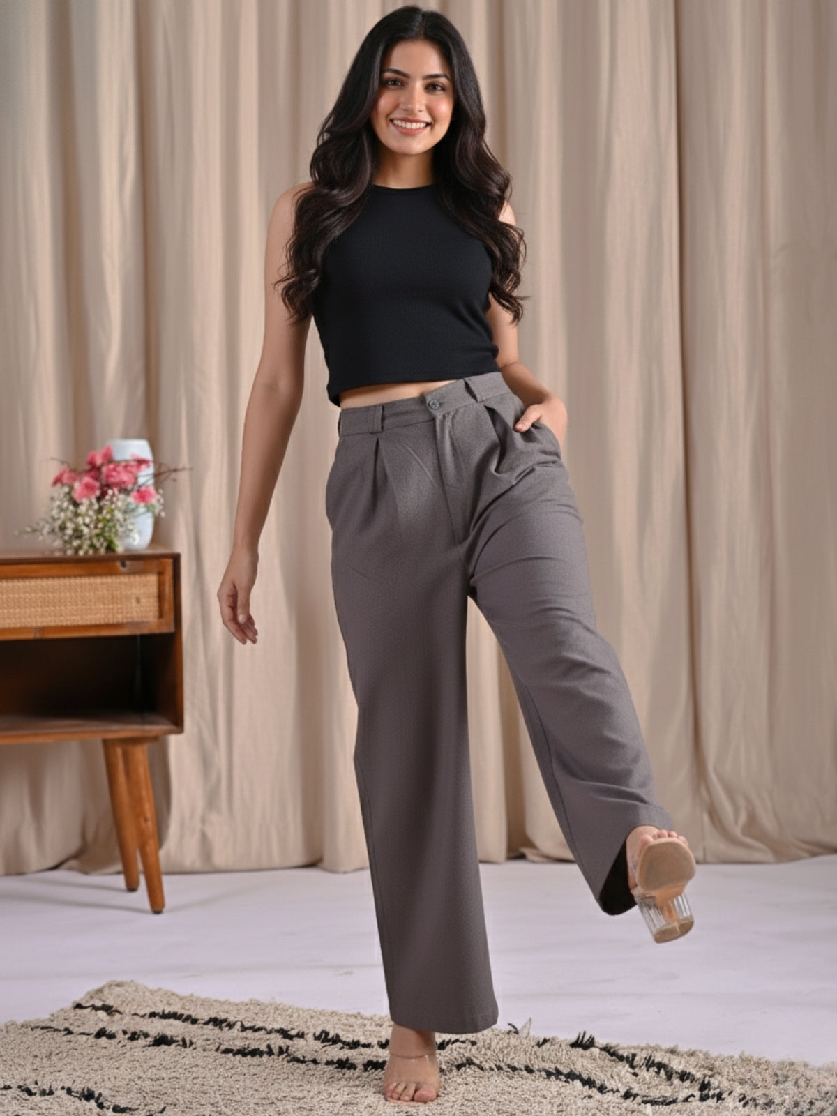 Grey Cotton Wide Leg Pants