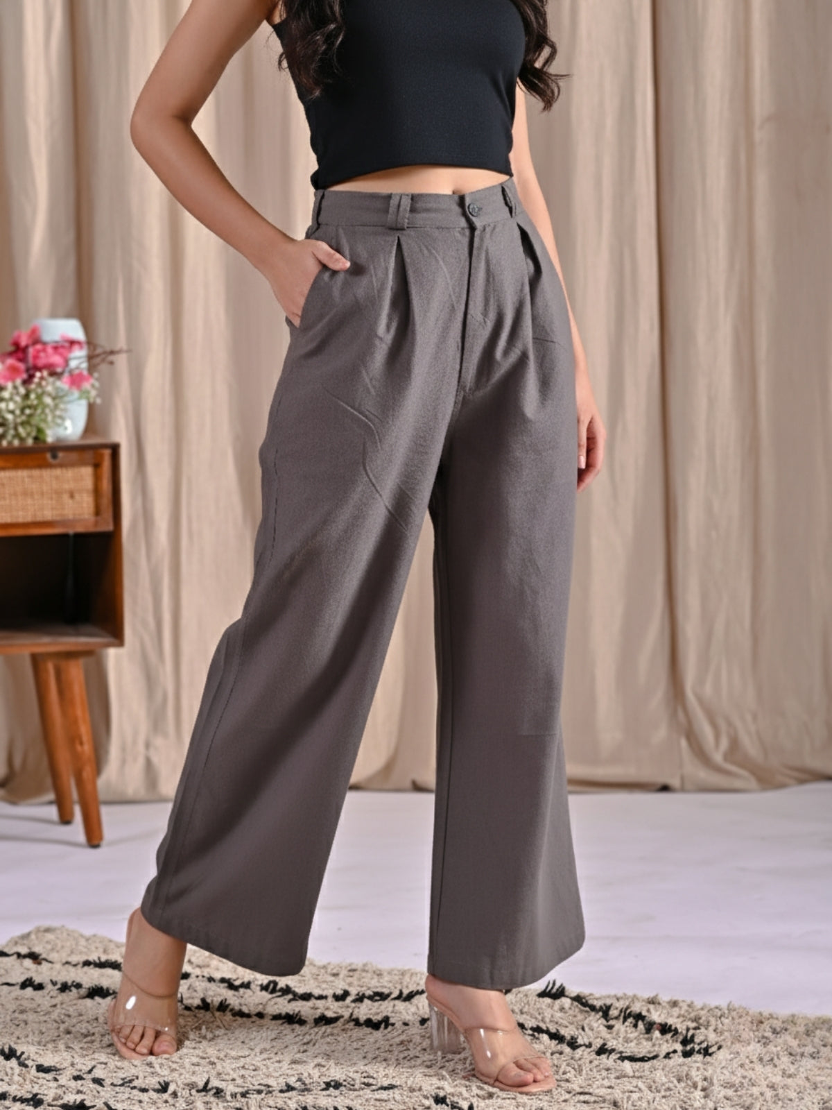 Grey & Tealblue-Cotton Wide Leg Pants Combo