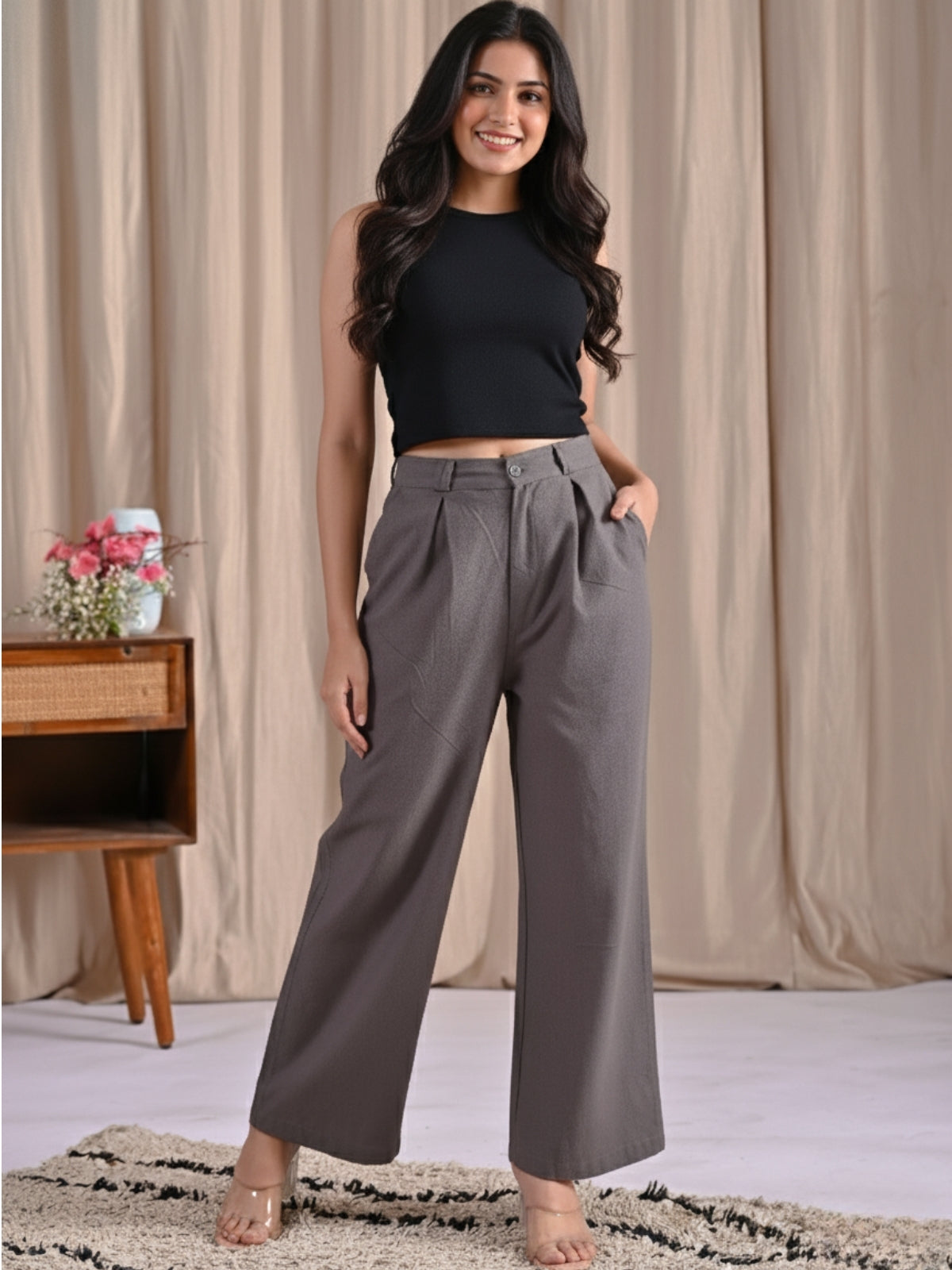 Grey & Wine-Cotton Wide Leg Pants Combo