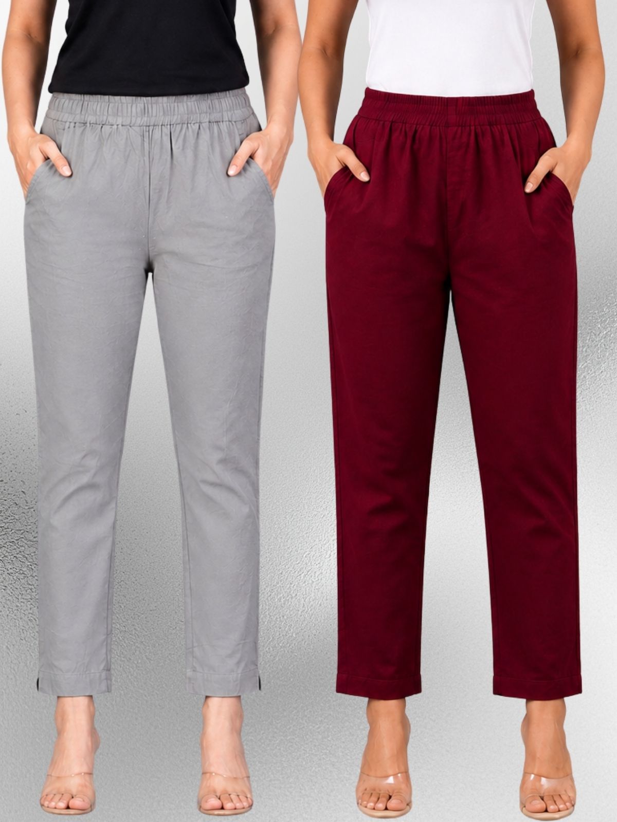 Grey & Wine Regular Fit Elastic Cotton Trouser Combo