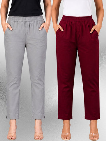 Grey & Wine Regular Fit Elastic Cotton Trouser Combo