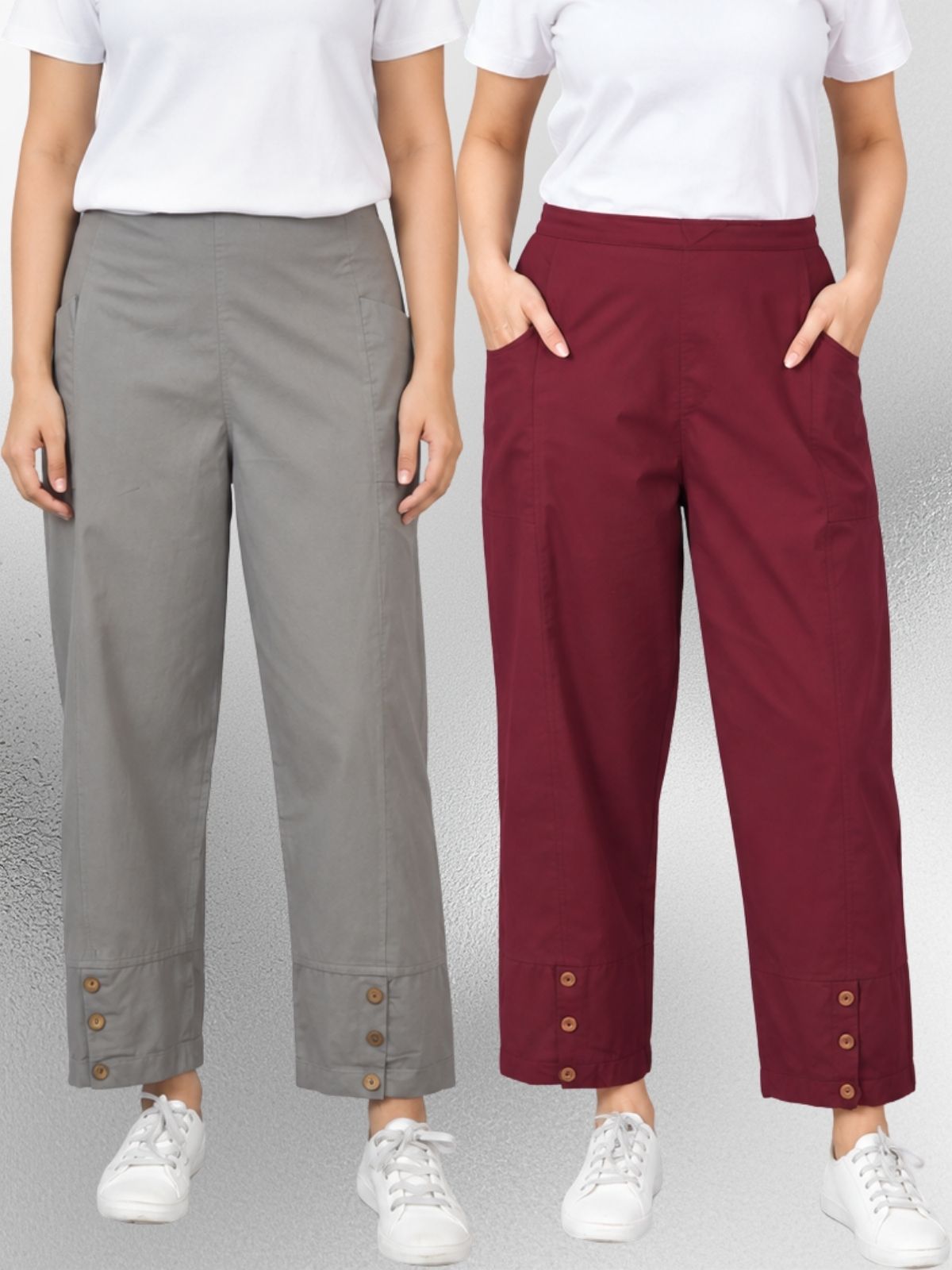 Grey & Wine Cotton Straight Cargo Pant Combo