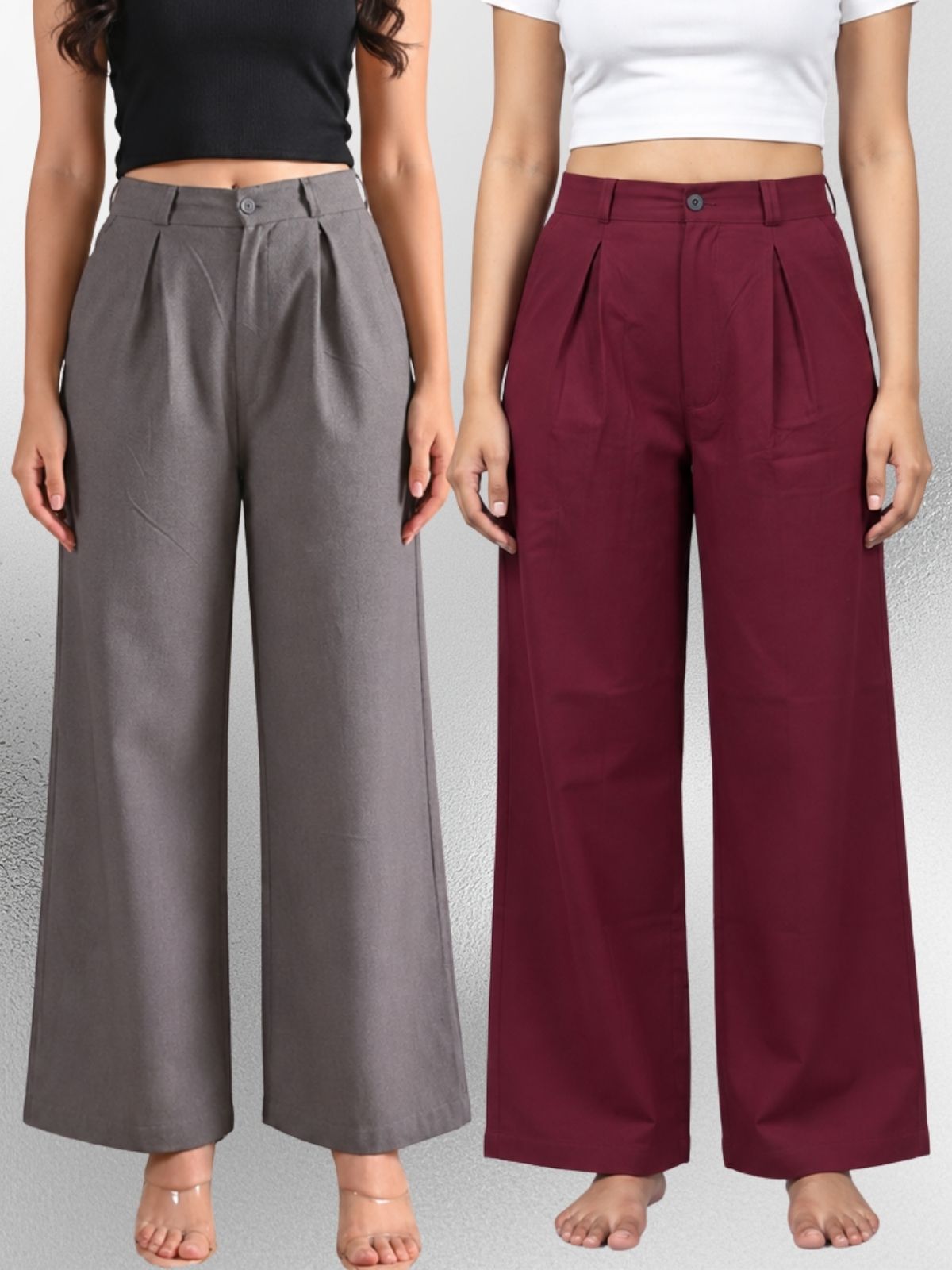 Grey & Wine-Cotton Wide Leg Pants Combo