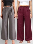 Grey & Wine-Cotton Wide Leg Pants Combo