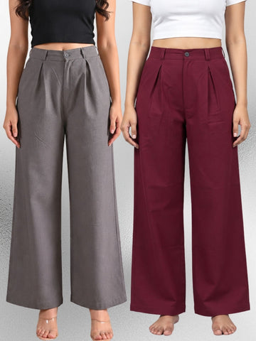 Grey & Wine-Cotton Wide Leg Pants Combo