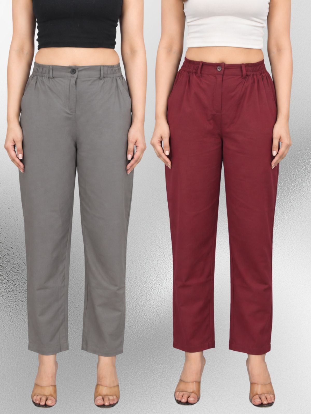 Grey & Wine-Regular Fit Cotton Formal Trouser Combo