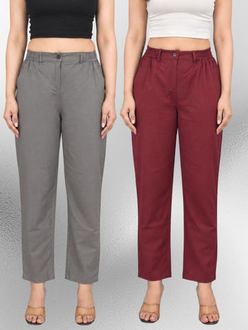Grey & Wine-Regular Fit Cotton Formal Trouser Combo