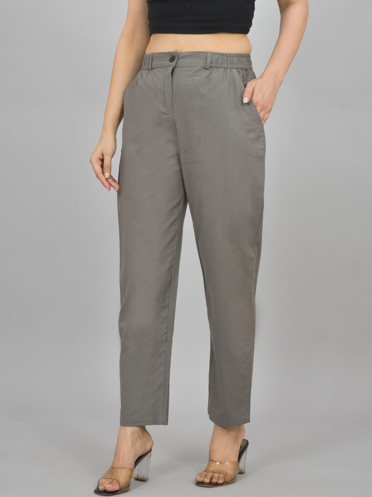 Grey & White-Regular Fit Cotton Formal Trouser Combo