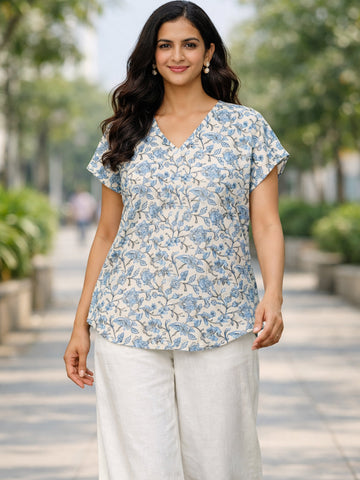 LightGrey Airy Linen Cotton Printed Top