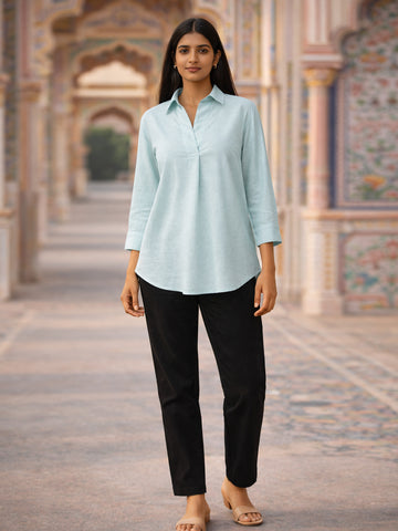 Light Blue Airy Linen Pleated Top