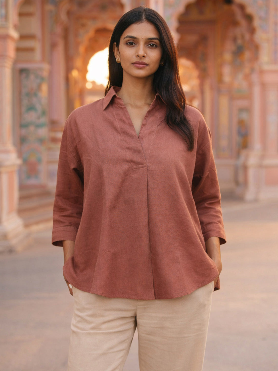 Light Brown Airy Linen Pleated Top