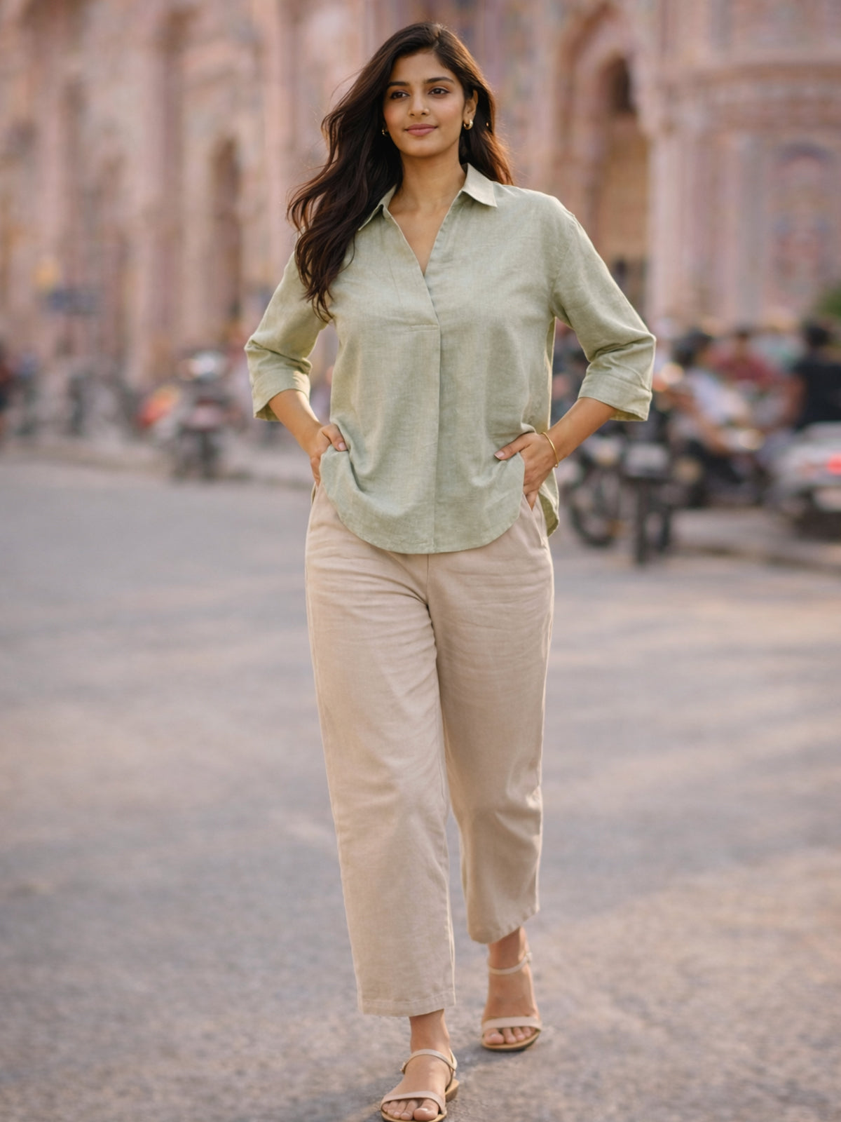 Light Green Airy Linen Pleated Top