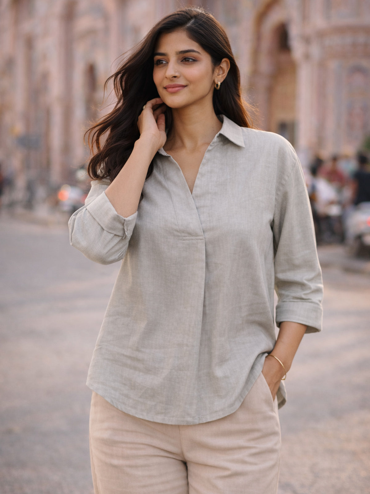 Light Grey Airy Linen Pleated Top