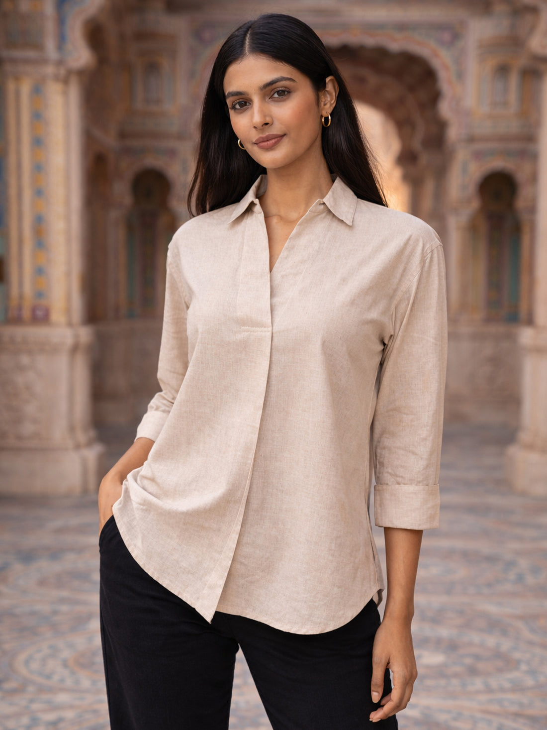 Light Pink Airy Linen Pleated Top