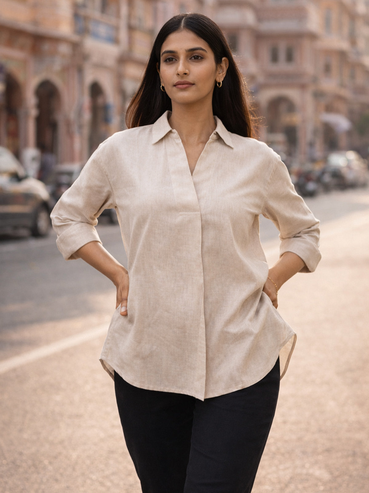Light Pink Airy Linen Pleated Top